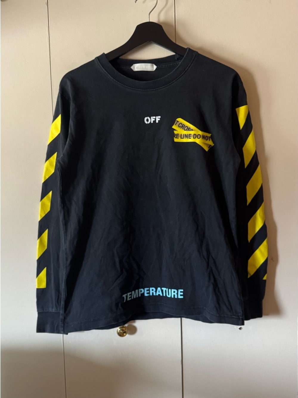 Off-White Black Long Sleeve Tee with Yellow Diagonal Sleeve Stripes